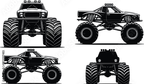 Monster truck illustration set with oversized tires, off road lifted pickup vehicle vector isolated on white background