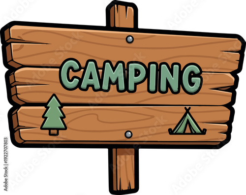Camping sign on a wooden board in a forest environment
