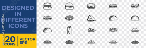 A collection of 20 minimalist flat vector icons depicting various fast food items and desserts, designed in clean and modern style for versatile use.