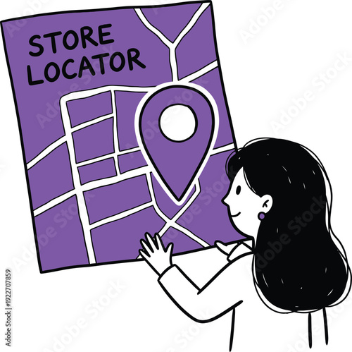 Woman Examining a Map with a Store Locator Pin, Helping Customers Find a Physical Location or Business, Illustration