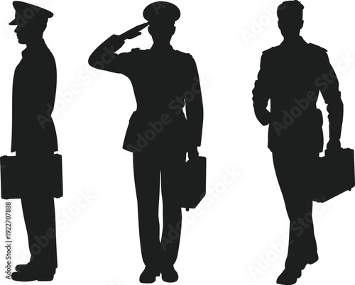 Police officer silhouette collection with salute and briefcase, law enforcement black vector illustration isolated on white background