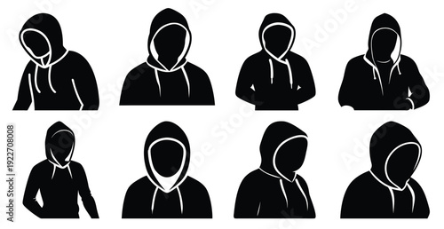 black hooded figures showcase nine unique poses and angles