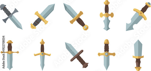 Medieval sword weapon icon set flat vector collection of fantasy blades and daggers isolated on light background