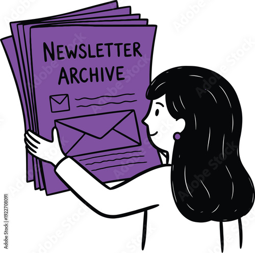 Woman holding a stack of "Newsletter Archive" documents, symbolizing digital communication, email history, and information storage in a modern illustration.