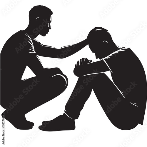 Black Friend comforting sad person Silhouette Vector, High Quality Illustration on White Background