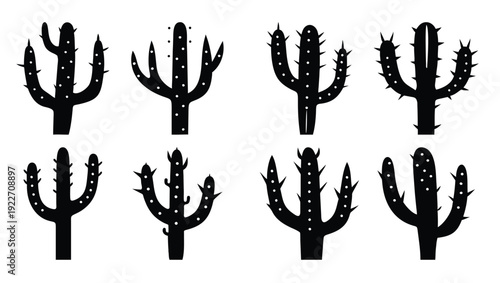  nine silhouetted cactus illustrations with needles and spots
