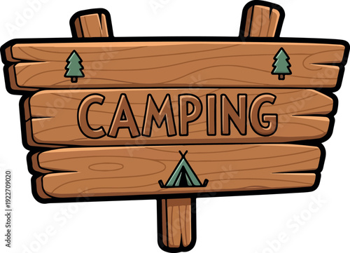 A wooden sign for camping in a forest area with a tent illustration