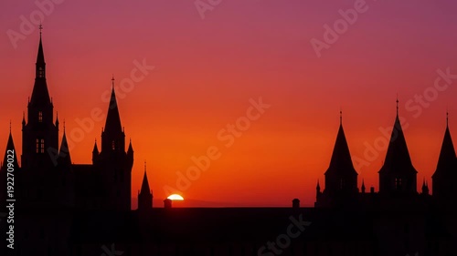 Majestic cathedral silhouette at vibrant orange sunset - 4k video