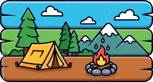 Camping Scene with Tent and Fire Pit in the Mountains
