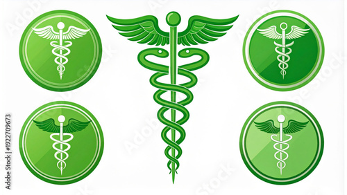 Green Caduceus Medical Symbol Set with Winged Staff and Twin Serpents Vector Illustration