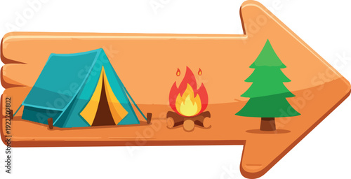 Camping scene with a tent and a campfire near a tree in a forest