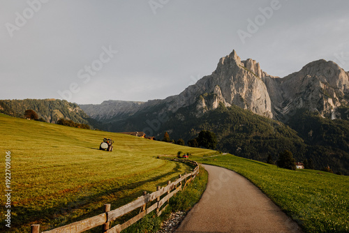 Vászonkép Tractor working on an alpine meadow during hay harvest with the majestic Sciliar