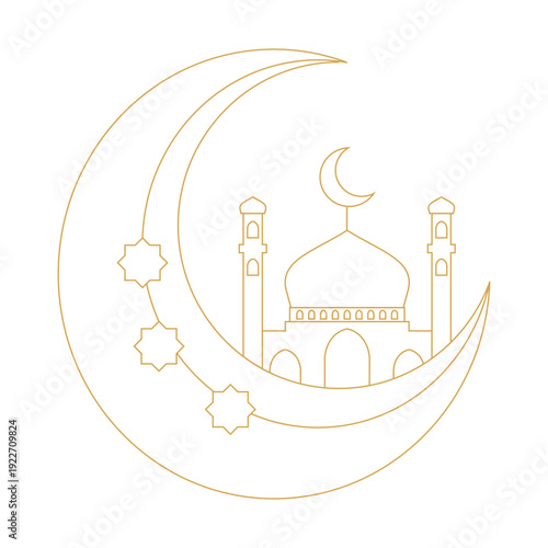 Elegant gold line art of mosque and crescent moon on white background with floral border accents. Minimalist Islamic design for Ramadan Kareem, Eid Al-Fitr, and religious festivals