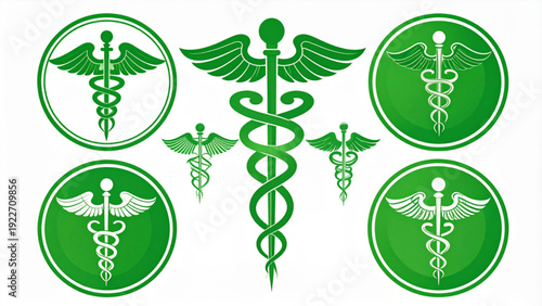 Green Caduceus Medical Symbol Set with Winged Staff and Twin Serpents Vector Illustration