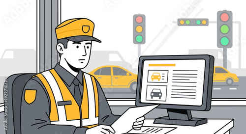 Traffic Warden Reviewing Documents at Desk with Computer.