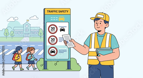 Traffic warden explaining road safety rules to children near school.