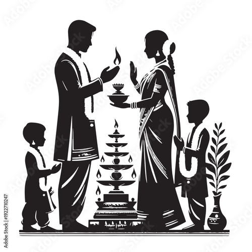 Black Hindu family puja  Silhouette Vector, High Quality Illustration on White Background