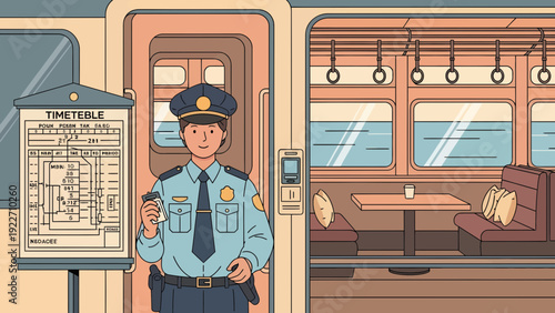 Train conductor in uniform standing by a timetable.