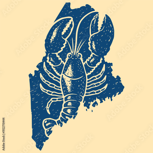 Lobster Illustration in Woodcut Style Merged with Marine State Outline