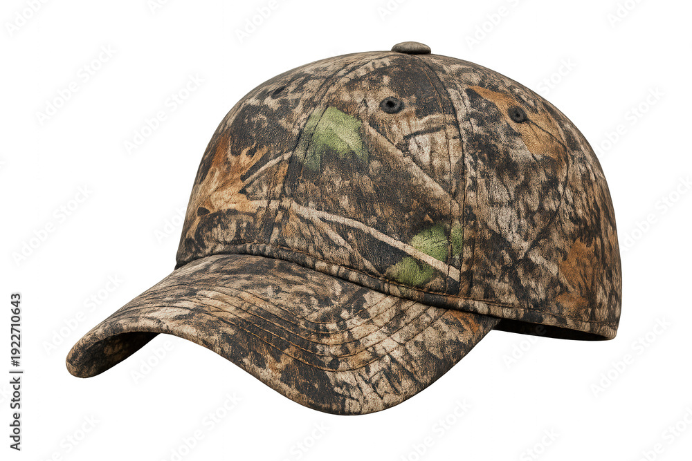 Fototapeta premium Camouflage baseball cap for hunting, outdoor activities, and tactical concealment, on transparent background