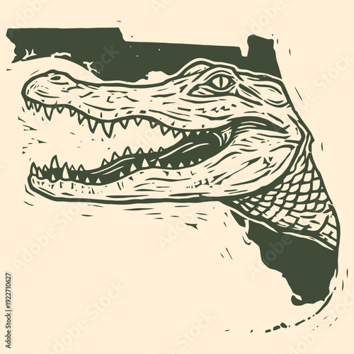 Vintage Florida Alligator Linocut Illustration on Map Outline