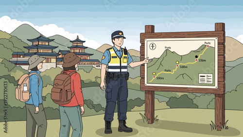 A park ranger explaining a map to two hikers.