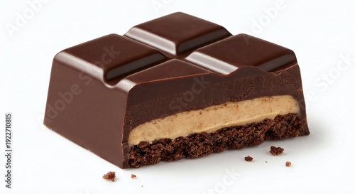 A piece of chocolate with a glossy exterior and layered filling.