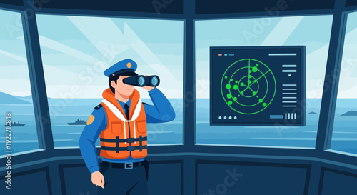 A vigilant captain in a life vest uses binoculars to scan the horizon from a ships bridge.