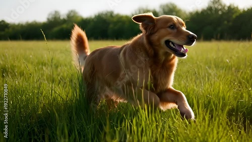 Happy golden retriever running towards you in green meadow - 4k video