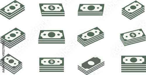 Money stack icon set flat vector collection of cash banknotes and currency bundles isolated on light background