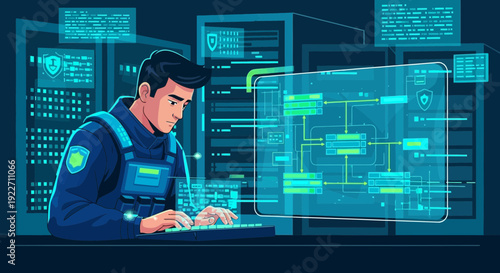 Cybersecurity professional working on network infrastructure.