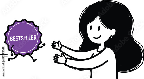 Determined woman reaching out for a "Bestseller" badge running away, symbolizing the pursuit of success, popularity, and top product achievement.