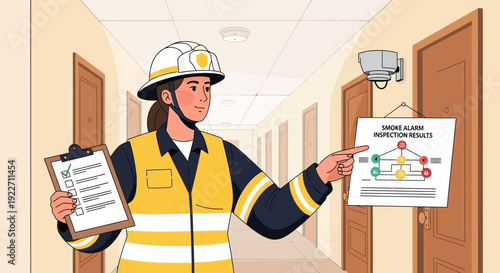 Female Firefighter Inspecting Fire Alarm System with Checklist.