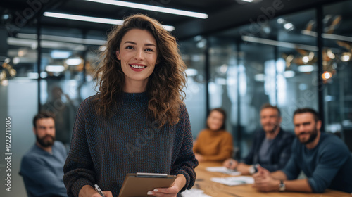a woman is standing at the head of an office meeting table, presenting her ideas to colleagues