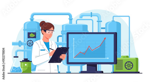 Female scientist in lab coat and safety glasses taking notes.