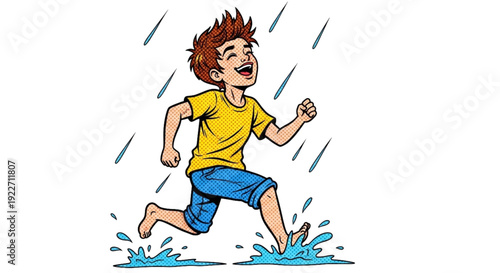 Happy boy running in the rain and splashing water puddles  