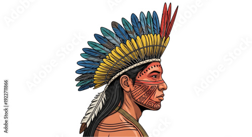 Indigenous Amazonian man with traditional body painting and feathers  