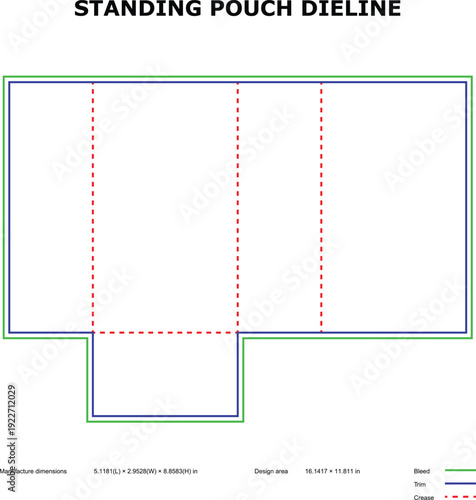 A technical diagram of a standing pouch dieline template
