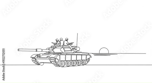Soldiers sitting on a tank in a minimalist line drawing style  