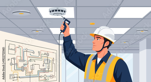 Fire alarm system maintenance and inspection by a male technician.