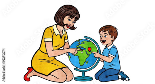 Teacher and boy exploring globe together with smiles indoors  
