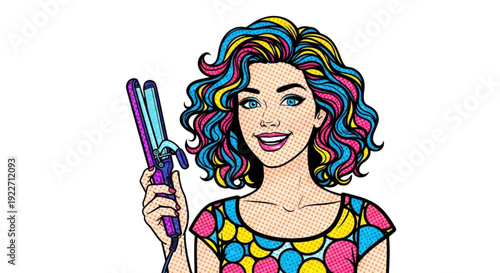 Young woman with colorful hair holding curling iron and smiling  