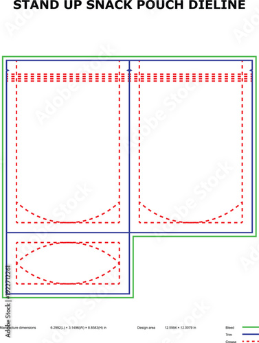 A technical diagram of a stand-up snack pouch die line template