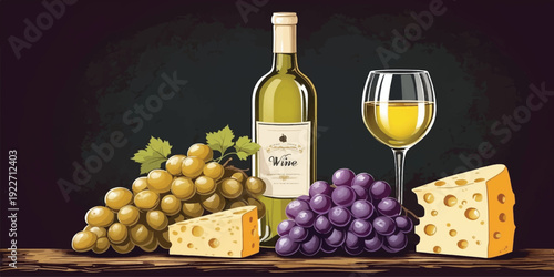 Wine and Cheese Still Life Illustration. Wine and Cheese  with White Wine Bottle, Wine Glass, Green and Purple Grapes, Cheese Wedges and Rustic Table Background Design