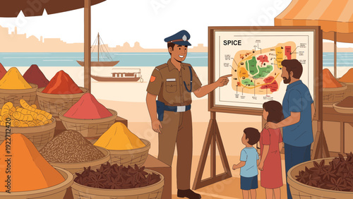 Indian police officer explaining spice map to a family at a market stall.