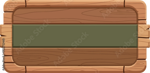 A wooden signboard with a green blank space on a brown wooden background