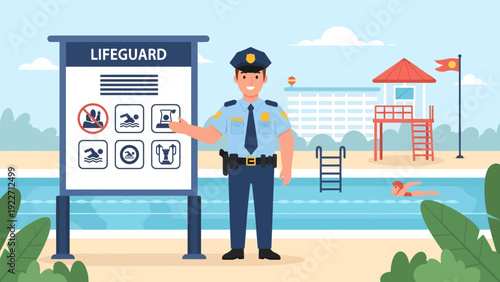 Lifeguard standing next to a rules sign at a swimming pool.