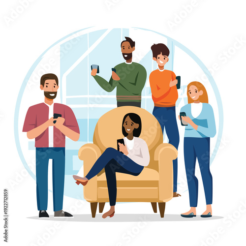 Diverse group using mobile phones indoors