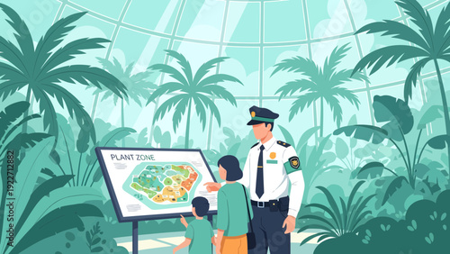 Park ranger guiding a mother and child through a botanical garden map.