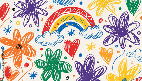 Very beautiful childish doodle background with scribbled flowers, hearts, rainbow, and clouds, hand drawn sketch elements creating playful and imaginative kids design composition.